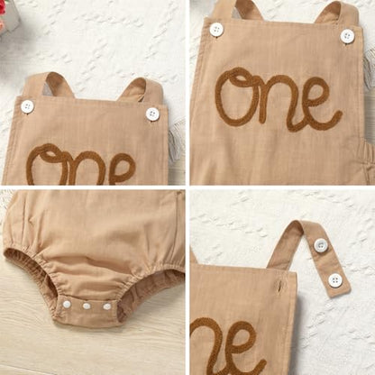 IMEKIS Baby Girls Boys Boho 1st Birthday Outfit Backless Overalls Romper for Cake Smash Photo Shoot - color: Khaki + Brown One, size: 12-18 Months
