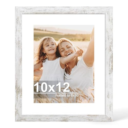Hongkee 10x12 Picture Frame with Glass, Display Pictures 8x10 with Mat or 10 x 12 without Mat - Wall and Tabletop, 10 by 12 Photo Wooden Frames (Distressed White, 1 Pack) - color: Distressed White, size: 10X12 in