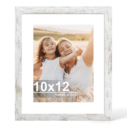 Hongkee 10x12 Picture Frame with Glass, Display Pictures 8x10 with Mat or 10 x 12 without Mat - Wall and Tabletop, 10 by 12 Photo Wooden Frames (Distressed White, 1 Pack) - color: Distressed White, size: 10X12 in