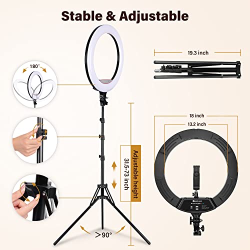 Yesker Ring Light with Tripod Stand and Phone Holder 18 Inch RGB Ringlight 25 RGB Modes Bi-Color Adjustable 2700–7000K LED Selfie Halo Light Kit for Live Stream Photography Zoom Makeup Youtobe Tiktok - size: 18" RGB Ring Light