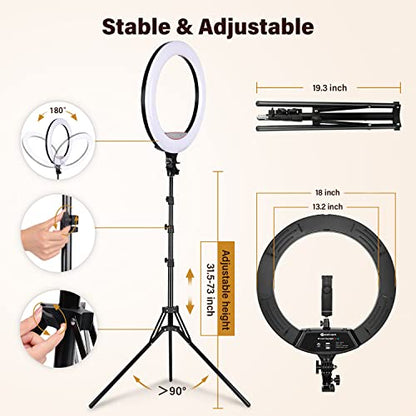 Yesker Ring Light with Tripod Stand and Phone Holder 18 Inch RGB Ringlight 25 RGB Modes Bi-Color Adjustable 2700–7000K LED Selfie Halo Light Kit for Live Stream Photography Zoom Makeup Youtobe Tiktok - size: 18" RGB Ring Light