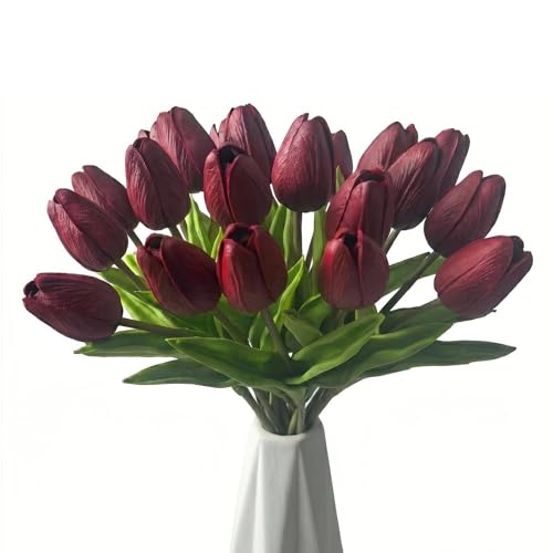 Mandy's Burgundy Artificial Tulips Flowers Centerpiece, 13.5" Lifelike PU Fake Floral Stems 20pcs for Kitchen Island & Dining Table, Spring Decor for Easter - color: Burgundy