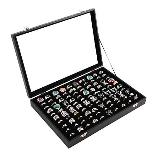 100 Slots Ring Case Organizer Display Box,Rings Holder Storage Boxes for Jewelry Showcase with Glass Lid (Black Velvet).
