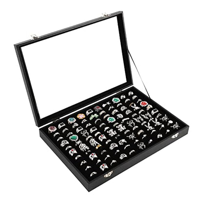 100 Slots Ring Case Organizer Display Box,Rings Holder Storage Boxes for Jewelry Showcase with Glass Lid (Black Velvet).