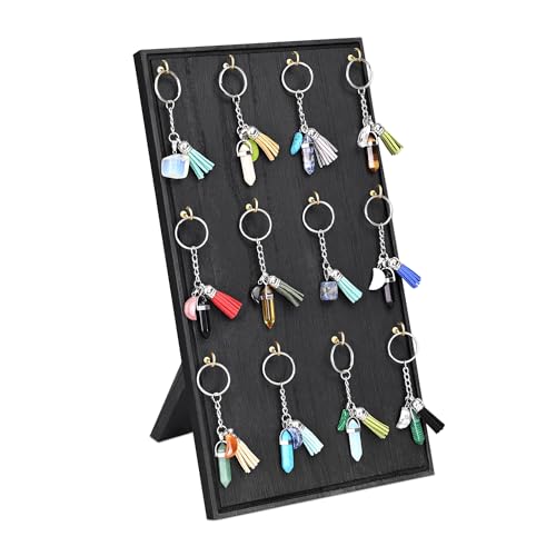 Ikee Design Wooden Jewelry Display Stand with 12 hooks, Earring Display with Hooks, Bracelet, Earring, Keychain Stand for Selling,7.8W x 7.8D x 15.9H in, Black Color - color: Black