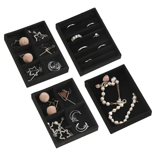 Frebeauty Small Jewelry Tray Set,Stackable Velvet Jewelry Organizer Tray,Mini Jewelry Drawer Organizer,Drawer Inserts,4.92 x 3.74 x 0.9 Inches,Earring Organizer for Women(Set 4,Black) - color: Black, size: Set 4