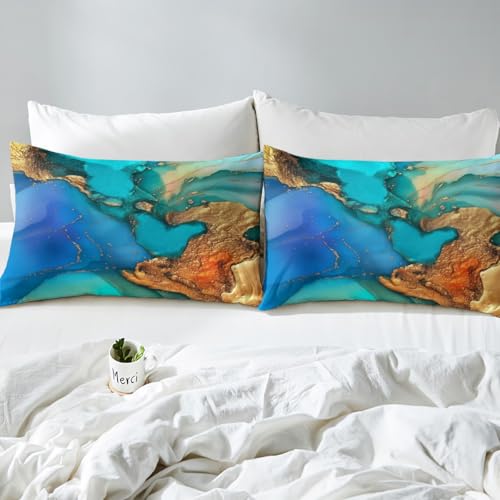 Feelyou Turquoise Teal Blue Gold Marble Bed Sheets Set Teal Abstract Textured Fitted Sheet for Kids Boys Girls Golden Streaks Bedding Set Marble Aesthetic Bed Cover Queen Size with 2 Pillow Case - color: Multi 14, size: Queen