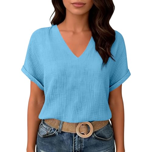 Womens Shirts Cotton Linen v Neck Short Sleeve Blouses Casual Loose Fit Textured Summer Pullovers Daily Wear - color: A01-light Blue, size: Medium