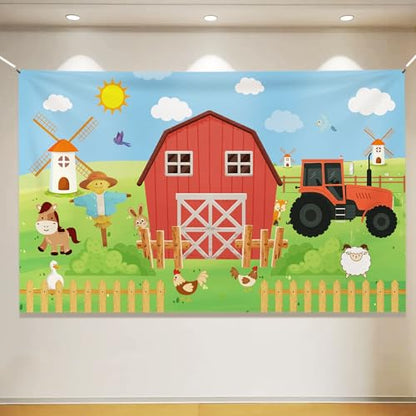 Farm Backdrop, 72x43inch Farmhouse Barn Backdrop, Farm Birthday Decorations, Rustic Farm Animals Photography Background Party Decorations for Boys and Kids Baby Shower Banner Newborn Photo Props