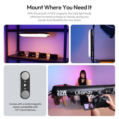 Ulanzi UA20C RGB Tube Light, 20W Inflatable LED Fill Light for Video Recording & Photo Photography, 1800K–10000K CRI95 2500mAh Cordless Magnetic Portable Handheld TPU Video Lighting Wand w 1/4 Mount - size: 20W RGB-Medium