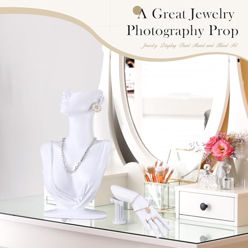 Yalikop 2 Pcs Jewelry Mannequin Display Set Necklace Bust Mannequin Earring Stand Hand Bracelet Ring Stand for Selling Show - color: White