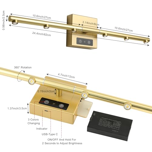 Picture Lights Rechargeable for Wall: Battery Operated Wall Sconces Wireless Art Lighting for Painting Canvas Gallery 360° Rotatable Detachable Battery Aluminum 48H (1, Gold with Lens) - color: Gold With Lens
