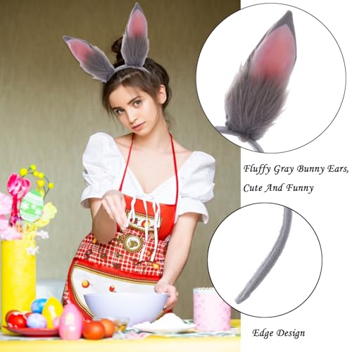 1 Pcs Gray Fluffy Easter Bunny Ears Headband Lovely Rabbit Ears Hair Hoop Bunny Hair Band Easter Hair Accessories for Halloween Holiday Makeup Party Cosplay Decoration