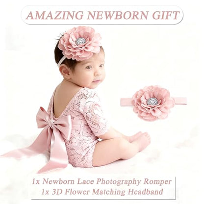 Newborn Photography Outfits, Cute Baby Lace Ribbon Rompers with Headband for Infant Photography Props - color: Pink