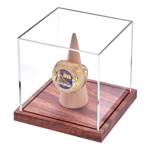 LITY Championship Ring Display Case, No Assembly Required Clear Acrylic Single Ring Holder with Wooden Stand Base for Sports Baseball Fan UV Protection(1 Pack) - size: 1 Pack Ring