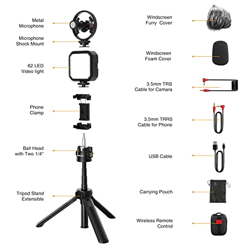 Vlogging Kit for iPhone/Android, Tripod for iPhone with Light, Wireless Microphones, Remote Control for TikTok, YouTube Starter Kit for Content Creator