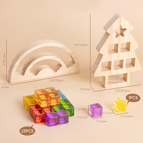 Woodtoe Wooden Building Blocks Set for Kids, Rainbow & Christmas Tree Wood Frame - 24 PCS Acrylic Gem Cubes Stacking Blocks, Montessori Stacking Toys, Educational Christmas Game for Toddlers 3-6 - style: Rainbow and Tree Frame Blocks Set
