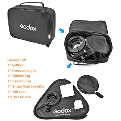 Godox S Type Bracket Bowens Holder S Mount Holder with Foldable 50x50cm /19.5x19.5 inches Softbox and Honeycomb Grid & Bag Kit for Flash Camera Studio Photography