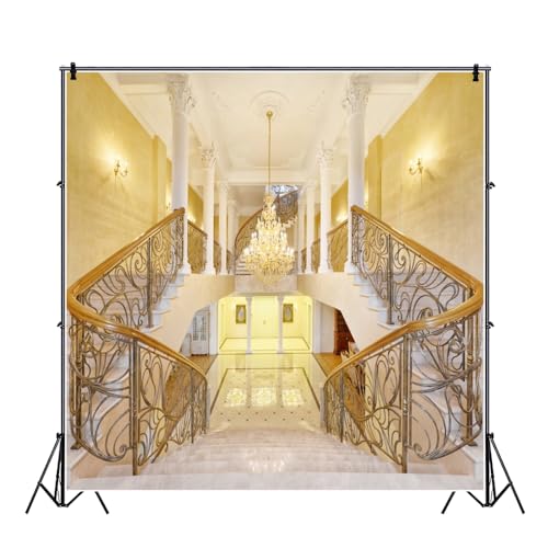 Leowefowa 5x5ft Luxurious Palace Backdrop Crystal Chandelier Staircase Carved White Pillars Marble Floor Backdrops for Photography Interior Vinyl Photo Background Wedding Ceremony Studio Props - size: 5x5ft