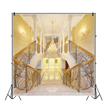 Leowefowa 5x5ft Luxurious Palace Backdrop Crystal Chandelier Staircase Carved White Pillars Marble Floor Backdrops for Photography Interior Vinyl Photo Background Wedding Ceremony Studio Props - size: 5x5ft