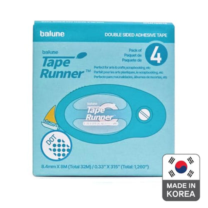 TAPE RUNNER Double Sided Dot 0.33" x 315" (Total 1,260") – 4 Pack Permanent Adhesive for Scrapbooking, Journaling, Card Making & Crafts – Photo Safe, Mess-Free, Made in Korea