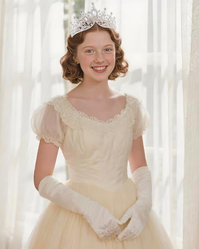 Princess Tiara Crown with Satin Gloves Set Crystal Headpiece for Graduation Prom and Party Photo Props - color: Silver, style: B