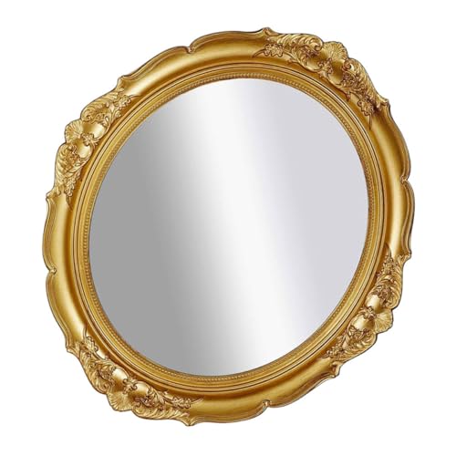 Vintage Makeup Mirror Tray, Retro Cosmetic Mirror with Gold Metal Frame for Vanity Table, Wall Hanging and Desktop Use, Women’s Dressing Table Accessory