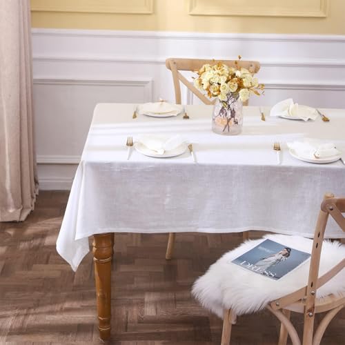 Simple&Opulence Textured Tablecloth 100% Linen Table Cloth, Kitchen Dinning Tabletop Decoration, for Outdoor and Indoor Use (Basic White, 60"×120") - color: White, size: 60" x 120" (Rectangular)