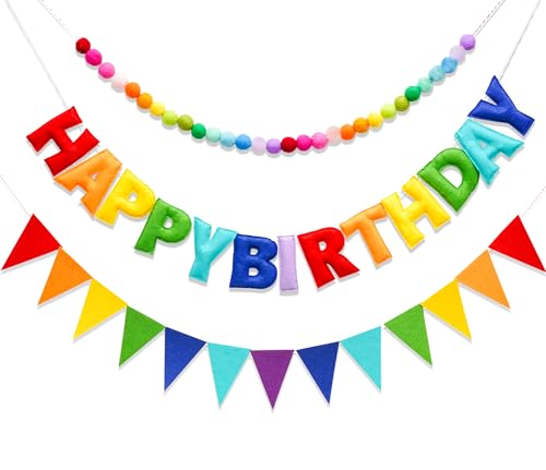 3 Pcs Pre-Strung Happy Birthday Banner, Felt Ball Garland, Pennant Triangle Flags, Rainbow Party Decorations, HAPPY BIRTHDAY Garland, Personalized Holiday Sign for Birthday Decor, Party Supplies, Photo Prop ( Felt Banner + Pennant Flags + Rainbow Balls) -