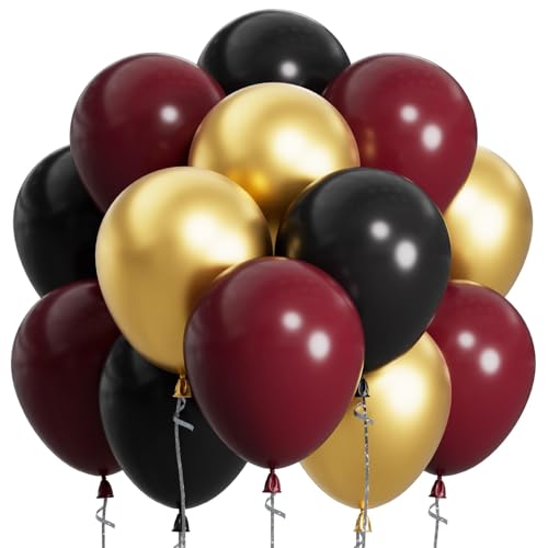SUWEN Maroon and Gold Balloons, 60Pcs 12inch Burgundy Metallic Gold and Black Latex Balloons Kit for Birthday Graduation Anniversary Party Decoration - color: Burgundy Gold
