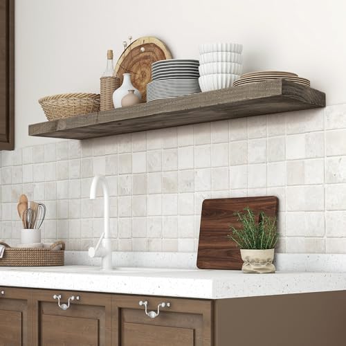 FLYJOE Solid Reclaimed Wood Floating Shelf 48inches Width and 8 inches Depth, Rustic Reclaimed Barnwood Wall Hanging Shelves with Invisible Heavy-Duty Metal Bracket，Cement Grey - color: Distressed Grey, size: 48inches-1P