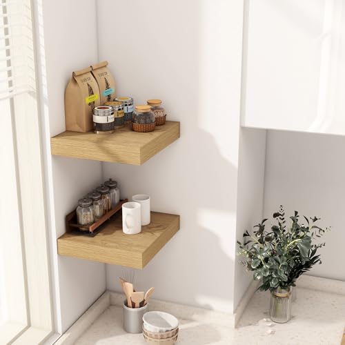 Fun Memories 12 Inch Floating Shelf, Rustic Wood Wall Shelves for Wall Decor & Storage, 12 x 12 Floating Shelf for Living Room, Bathroom, Bedroom, Oak, Set of 2 - color: Oak, size: 12"W x 12"D, 2 Pack