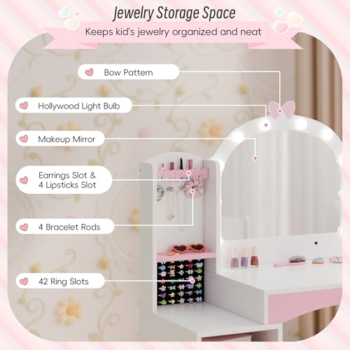 Girls Vanity Table and Chair Set, Kids Vanity with Jewelry Organizer for Princess, Toddler Makeup Vanity Desk with Open Shelf, Closed Cabinet and Butterfly Pattern, White - color: White