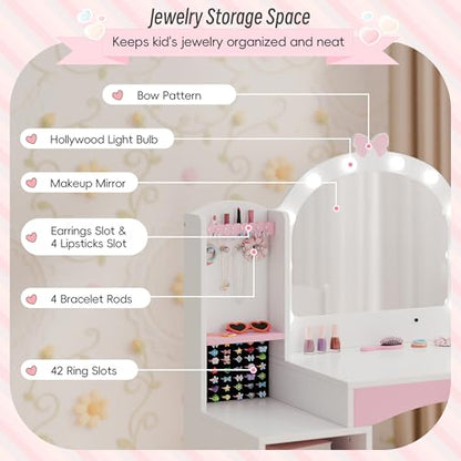 Girls Vanity Table and Chair Set, Kids Vanity with Jewelry Organizer for Princess, Toddler Makeup Vanity Desk with Open Shelf, Closed Cabinet and Butterfly Pattern, White - color: White