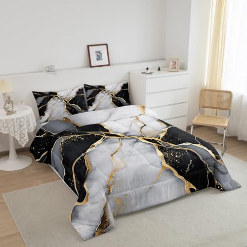 Black Marble Comforter Set,Gold Metallic Marble Down Comforter for Kids Boys Teens Adult, Black Gold Abstract Marble Texture Bedding Set Full Size, Boho Hippie Duvet Sets with 2 Pillow Cases - color: Pattern 31, size: Full