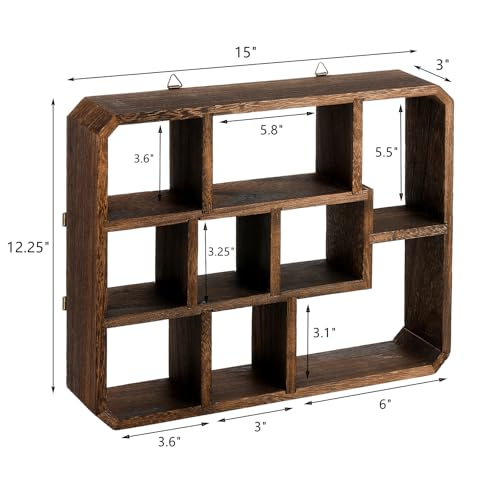 Frcctre Rustic Shadow Box Display Shelf, 9 Compartments Wood Hanging Display Floating Shelves, Multi-Slot Wall Mounted or Freestanding Farmhouse Decor Displays Case