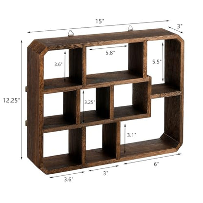 Frcctre Rustic Shadow Box Display Shelf, 9 Compartments Wood Hanging Display Floating Shelves, Multi-Slot Wall Mounted or Freestanding Farmhouse Decor Displays Case