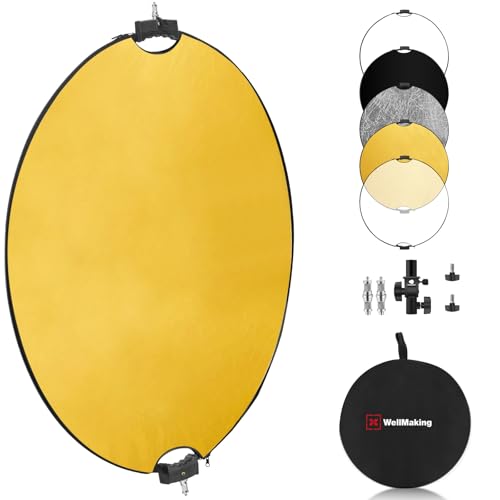 Wellmaking 43Inch/110cm Photography Light Reflector, Portable Foldable 5 in 1 Diffuser Reflectors with Bag & tilt Adapter for Studio & Outdoor Lighting-Translucent, Silver, Gold, White and Black - color: 5-in-1 (Translucent, Silver, Gold, White, Black), s