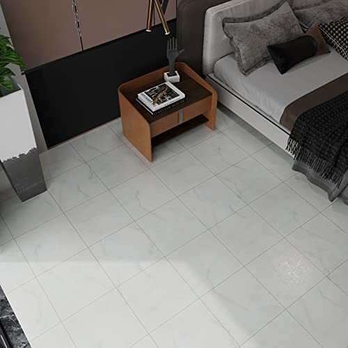 VEELIKE Off-white Marble Vinyl Floor Tiles Peel and Stick Floor Tile Waterproof Self Adhesive 24 Pack White Vinyl Flooring Sheets for Bathroom Bedroom Kitchen Powder Room Renter Friendly Flooring Tile - color: Soft White, size: 12''x12''
