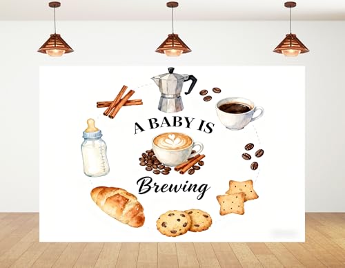 8x5ft A Baby is Brewing Backdrop Baking Theme Feeding Bottle Croissant Brown Coffee Beans Cute Bear Newborn Sweet Cake Smash Baby Shower Decorations Photography Background Photo Studio Props - size: 8x5ft