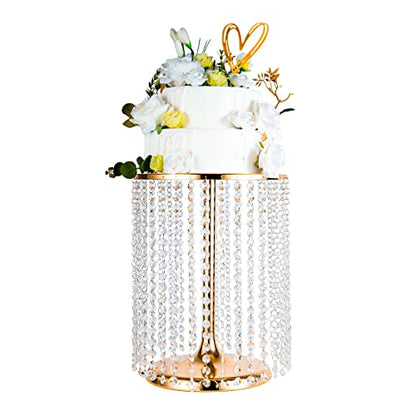 Wedding Cake Stand for Dessert Table 12 Inch Gold Crystal Pendants Metal Cake Stand Serves as A Round Dessert Cupcake Display Plate 16 Inch Tall (Gold) - color: Gold, size: Large