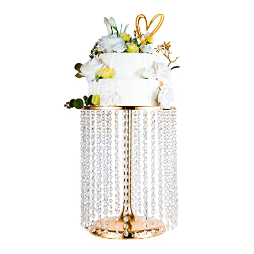 Wedding Cake Stand for Dessert Table 12 Inch Gold Crystal Pendants Metal Cake Stand Serves as A Round Dessert Cupcake Display Plate 16 Inch Tall (Gold) - color: Gold, size: Large