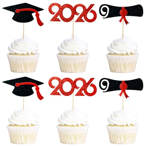 Pre-Assembled Graduation Cupcake Toppers 48 PCS, Class of 2026 Mini Cake Decorations Grad Cap & Diploma, Food & Appetizer Picks for Graduation Party - color: Red
