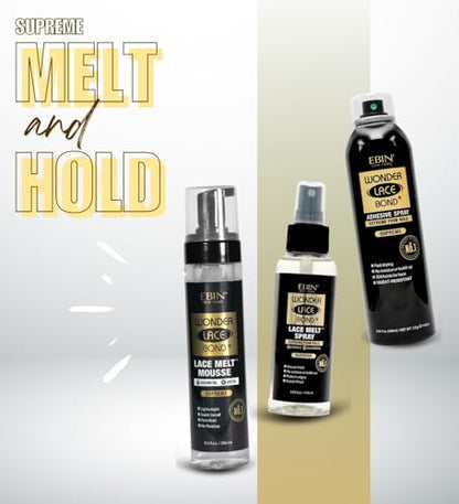 EBIN NEW YORK Wonder Lace Bond Melt Mousse 8.5 oz Bundle with Melting Spray 3.39 oz and Adhesive Spray 6.08oz Firm Hold Lace Wig Sprays, Seamless Wig Application – Gift Set (3 Items)