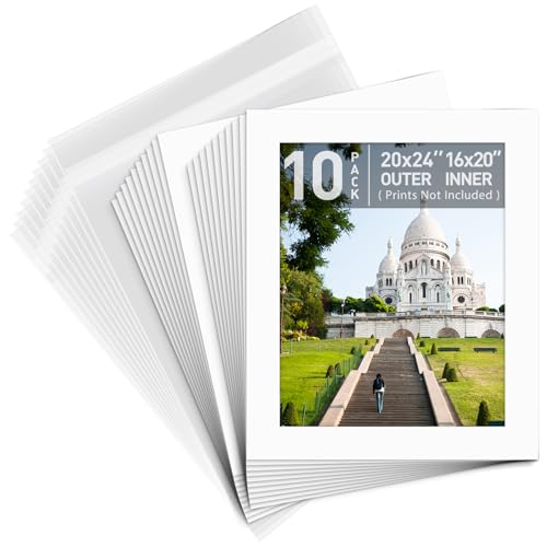 Golden State Art, Pack of 10, Pre-Cut 20x24 White Picture Mat Kit for 16x20 Photo, 10 White Core Bevel Cut Mattes, 10 Backing Boards and 10 Clear Bags - color: White, size: 20x24 for 16x20 (10 Pack)