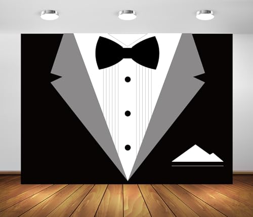 BELECO 10x6.5ft Fabric Gentleman Tuxedo Backdrop Black and White Bow Tie Suit Background Luxury Birthday Dinner Party Decor Banner Boy Men Father Bridegroom Photoshoot Studio Booth Props - size: 10x6.5FT