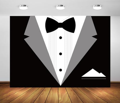 BELECO 10x6.5ft Fabric Gentleman Tuxedo Backdrop Black and White Bow Tie Suit Background Luxury Birthday Dinner Party Decor Banner Boy Men Father Bridegroom Photoshoot Studio Booth Props - size: 10x6.5FT