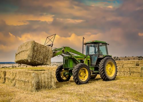 BELECO 17x10ft Fabric Farm Tractor Photography Backdrop Countryside Ranch Green Tractor Hay Bales Fall Harvest Photography Background Autumn Themed Party Decoration Photo Studio Props - size: 17x10ft