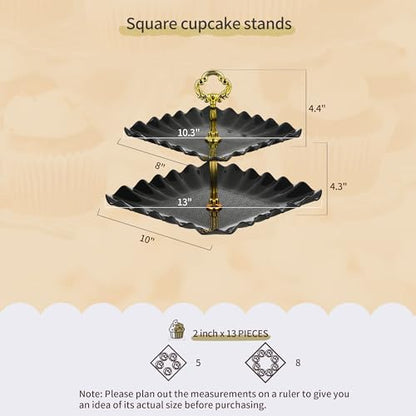 Pack of 11 NWK Cake Stand Set, with 3 x Two-Tier and 3 x Three-Tier Cupcake Stands, 4 x Appetizer Trays, 1 x Tablecloth for Birthday Bridal Baby Shower Party (Black) - color: Black