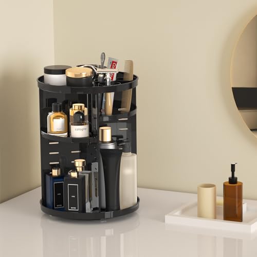 Jiavarry Rotating Makeup Organizer for Vanity, 360 Spinning Skincare Organizers with Adjustable Trays, Make Up Desk Storage Carousel Rack, Cosmetic Display Cases for Dresser Bathroom Countertop Black - color: Black